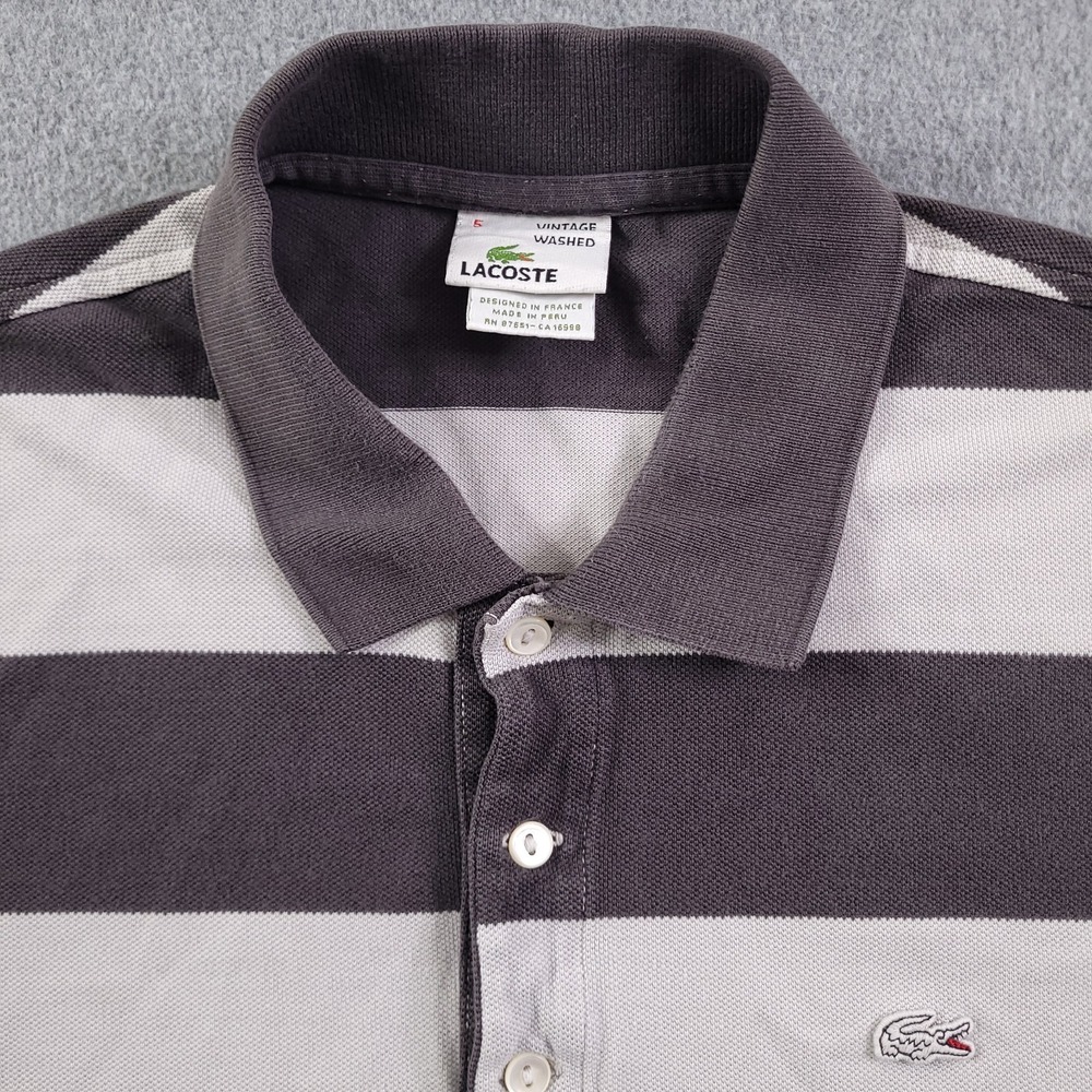 Lacsote Polo Shirt Mens L 5 Vintage Washed Gray White Stripe Gator Logo Pique - Picture 2 of 10